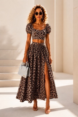 Compleu cu fusta lunga, Iolanda, top bufant si lemon print, Animal print