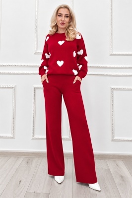 Compleu dama tricotat NERELIA, cu lana, bluza cu inimi si pantaloni drepti, Rosu, Marime unica S/M/L