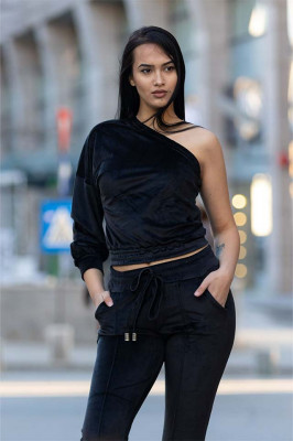 Compleu de catifea Mirabey pantaloni si bluza cu umar gol, Negru-fata