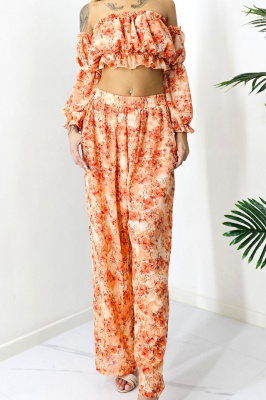 Compleu de vara Bouquet, pantaloni lejeri si camasa cu volane, Portocaliu, Marimea S/M/L detaliu