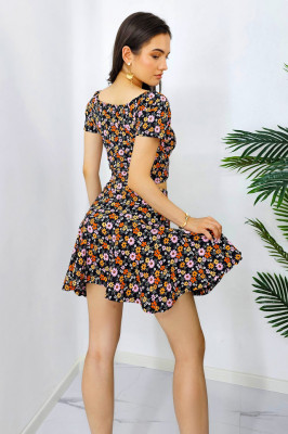 Compleu de vara Mariposa, cu fusta sport si bluza cu snur, Floral3