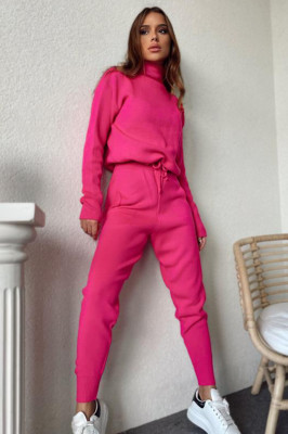 Compleu din tricot Tania, bluza cu guler pe gat, pantaloni cu snur si buzunare ascunse, Roz1