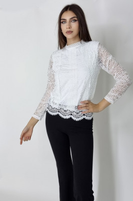 Compleu Federica, camasa cu efect brodat si pantalon evazat, Alb4