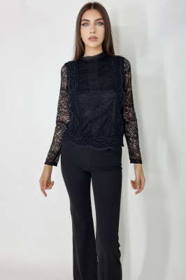 Compleu Federica, camasa cu efect brodat si pantalon evazat, Negru3