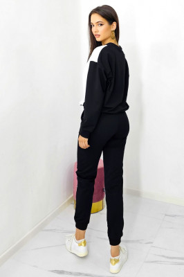 Compleu sport, dama, MKY, pantaloni cu buzunare si bluza cu imprimeu cu doua texturi si cristale, Negru/Alb spate