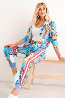 Compleu sport OMG, pantaloni si bluza cu fermoar si imprimeu retro, Albastru2