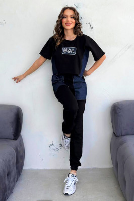 Compleu sport USA Dream, tricou oversize inscriptionat si pantaloni cu panouri denim, Negru 4