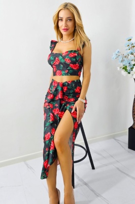 Compleu Summer Party, top cu volane si fusta cu imprimeu trandafiri, Negru, Marime S/M 5
