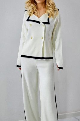 Compleu tricot bicolor Amiral, bluza cu butoni si pantaloni evazati, Alb, Marime S/M 2