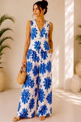 Compleu vaporos Arioso, imprimeu mediteranean, pantaloni palazzo si vesta, Albastru Royal