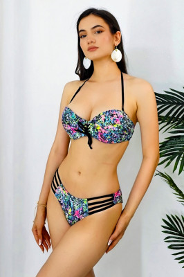 Costum de baie doua piese Isadora, sutien balconet cu siret si slip decupat, Negru2