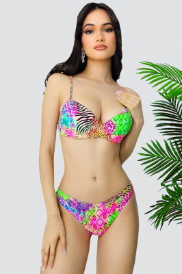 Costum de baie doua piese Yolis, imprimeu jungle si sutien ajustabil, Fucsia