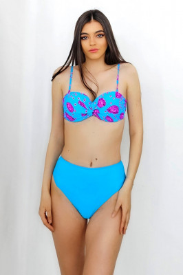 Costum de baie trei piese Maggie, imprimeu abstract si sutien cu push up, Albastru1