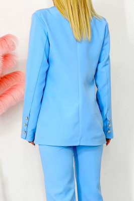Costum elegant ZYNA, cu sacou cambrat si pantaloni evazati, Bleu2