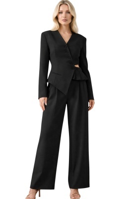 costum feminin cu sacou asimetric si pantaloni largi negru