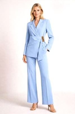 Costum Lumira doua piese, sacou cu detaliu elegant si catarama aurie, Baby Blue, Marime S/M