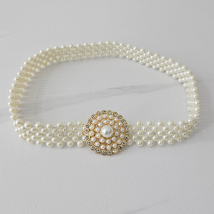 Curea elastica Pearly, catarama metalica decorativa si perle, Begonia auriu 6