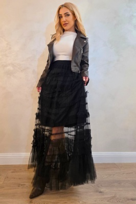 Fusta lunga BOHO, transparenta, cu insertii de tull si dantela, NEGRU