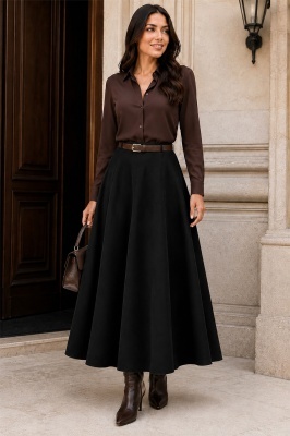 Fusta neagra lunga dama eleganta cu falduri naturale