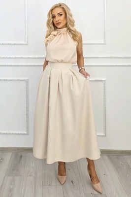 Fusta lunga evazata Mathilde, cu buzunare si pliuri, Crem, Marime S/M/L
