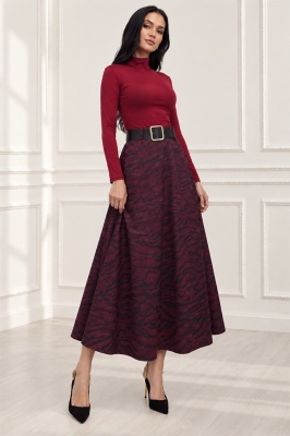 Fusta midi Chantaly, cu aspect catifea si curea neagra, Burgundy Zebra, Marime S/M