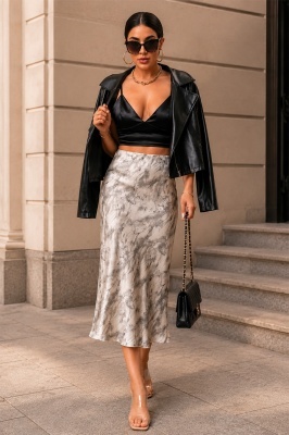 Fusta midi CRESSIDA, croiala pe bie si imprimeu marmorat, Crem, Marime S/M