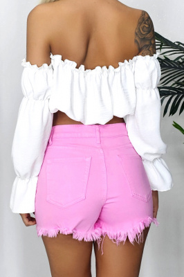 Fusta-pantalon de blugi Nirvana, cu decupaje si croiala asimetrica, Roz spate
