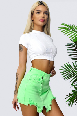 Fusta-pantalon de blugi Nirvana, cu decupaje si croiala asimetrica, Verde deschis