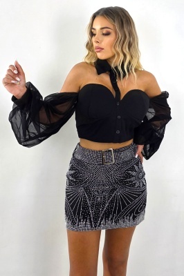 Fusta scurta Paola cu imprimeu abstract, din paiete si curea, Negru, Marime S/M
