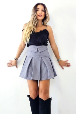 Fusta scurta din viscoza, PIN UP, cu pense, talie inalta si fold cu rever, Gri
