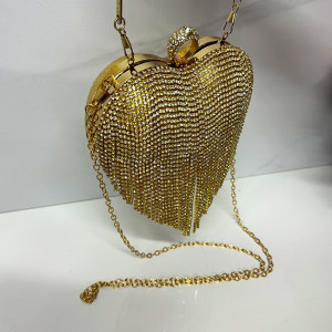 Geanta de ocazie, Glimmer, Gold, in forma de inima, cu strasuri si detalii metalice, Lant auriu2