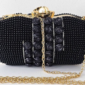 Geanta de ocazie, Opulent Style, de tip clutch, cu detalii decorative florale si perle, Negru 2