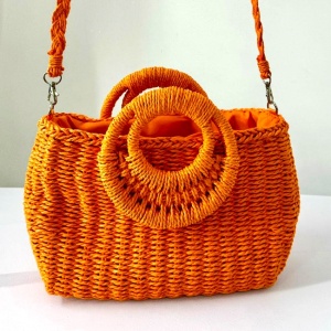 Geanta de plaja STRAW, crossbody, cu husa si lant detasabil, Portocaliu 3