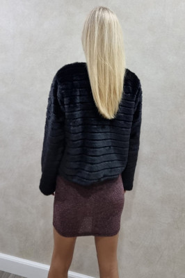 Haina din blana ecologica Feny, cu maneca lunga, lungime medie si accesoriu inclus, Negru, Marime universala M/L1