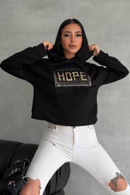 Hanorac cu gluga HOPE, emblema cu paiete si franjuri, Negru 1