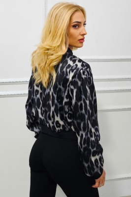 Jacheta bomber leopard print Shayen, cu inchidere de tip fermoar, Negru, Marime universala lateral
