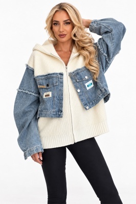 Jacheta tricotata LUREIA, cu insertii denim si gluga, Alb unt, Marime S/M/L