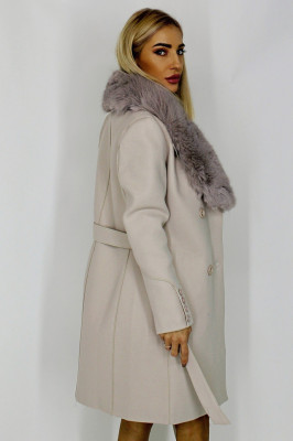 Palton din lana Exclusive, cu guler din blana si cordon in talie, Gri2