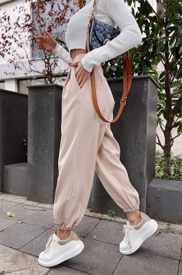 Pantaloni bufanti Tomas, cu talie inalta si pense ample, Crem 2