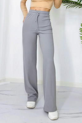 Pantaloni casual Dari, evazati, cu banda elastica si snur in talie, Gri2