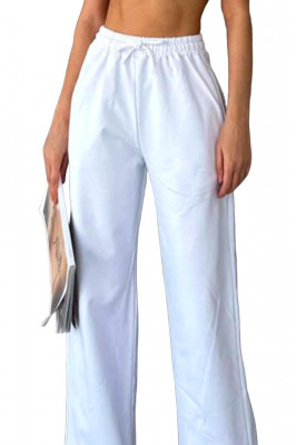 Pantaloni casual HIKE, croiala wide leg si snur in talie, Alb  4