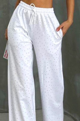 Pantaloni casual Emma, cu aplicatii tip cristale si croiala wide leg, Alb 3
