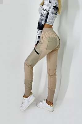 Pantaloni casual Miraj, cu bumbac, fermoare contrastante si decupaje din piele ecologica, Bej1