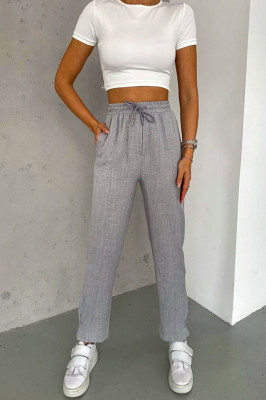 Pantaloni cu in, Darys, croiala casual si detaliu plisat la baza piciorului, Gri