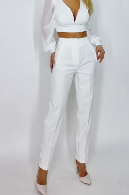 Pantaloni eleganti, ChicMe, cu talie inalta, Alb4