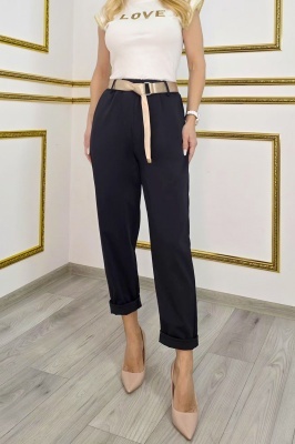 Pantaloni dama cu talie elastica si curea, negru casual