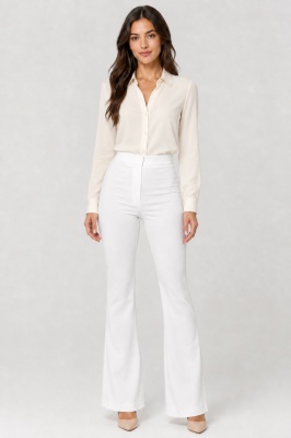 Pantaloni eleganti, Katte, croiala evazata si talie inalta, Alb