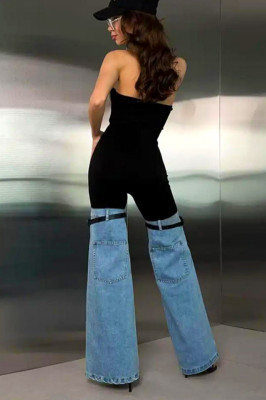 Pantaloni evazati Hybrid Style, din denim si curele decorative aplicate pe pulpa piciorului spate