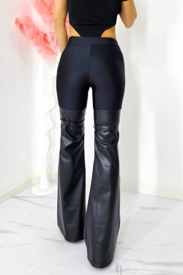 Pantaloni evazati Hybrid Style, din piele ecologica si curele decorative aplicate pe pulpa piciorului, Marime universala 4