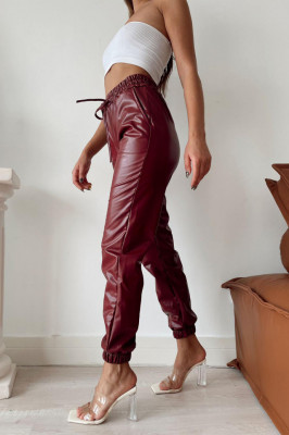 Pantaloni Jezebel, din piele ecologica, cu talie inalta si snur, Bordo1